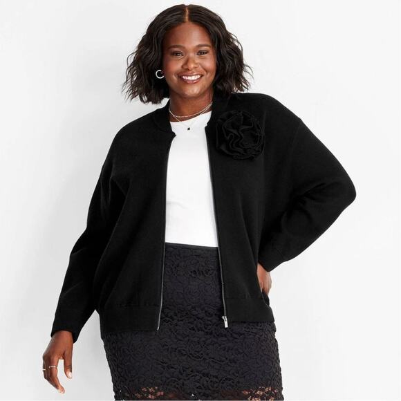 Future Collective Women's Rosette Sweater Bomber Jacket Black Size 2X - Picture 1 of 6